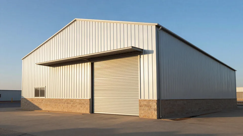 Hangar métallique achevé avec bardage nervuré et porte sectionnelle