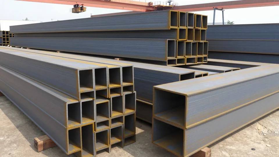 Profilés métalliques, poutrelles et tubes carrés stockés en parc