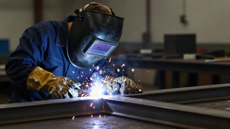 Soudeur assemblant deux profilés métalliques dans un atelier de fabrication